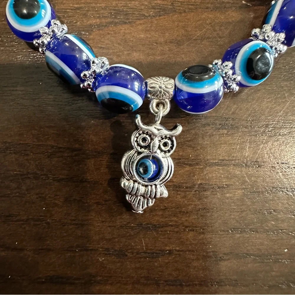 Evil Eye Beaded Stretch Bracelet with Silver-Tone Owl Charm